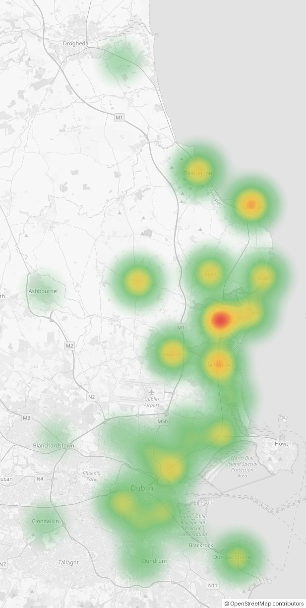 Heatmap of the cleans we have completed across North Dublin and Dublin city, busiest around Donabate, Skerries and Malahide