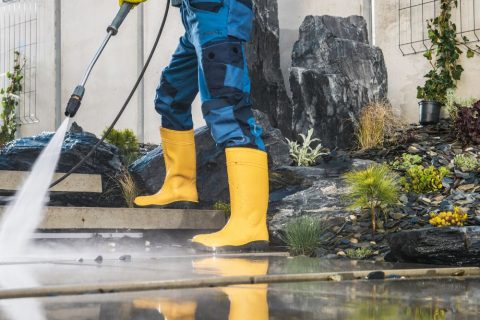 Power washing a garden patio