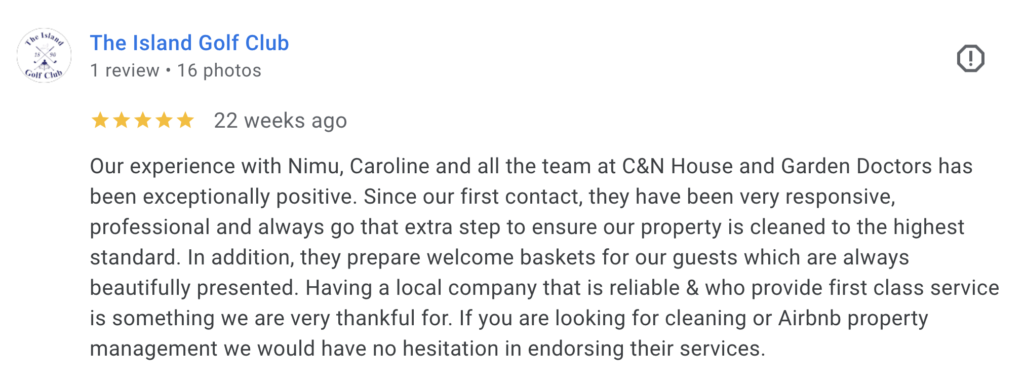 Five-star Google review from The Island Golf Club praising C&N's cleaning, welcome baskets and Airbnb management