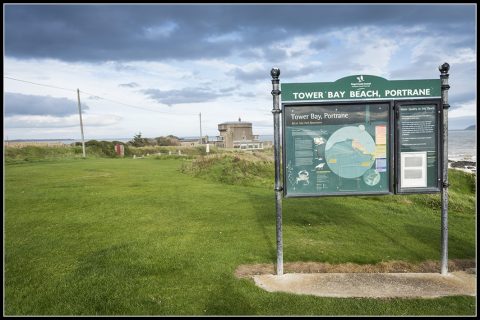 Tower Bay Beach sign on the clifftop in Portrane